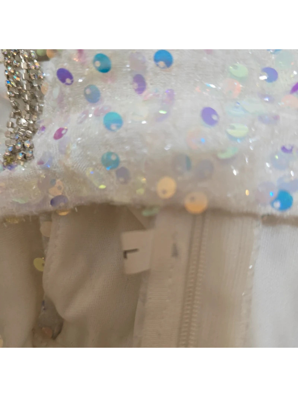 White Sequin Halter Mini Dress L Bridal Shower Reception Party Rhinestone - Picture 5 of 7